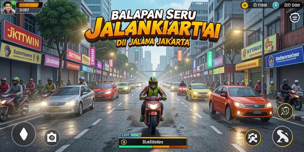 Gameplay JKTWIN yang seru dan kompetitif di jalanan Jakarta.