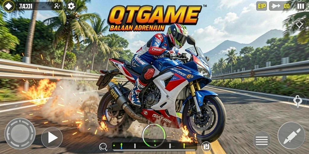 Tampilan gameplay QTGAME dengan balapan motor yang seru dan mendebarkan.