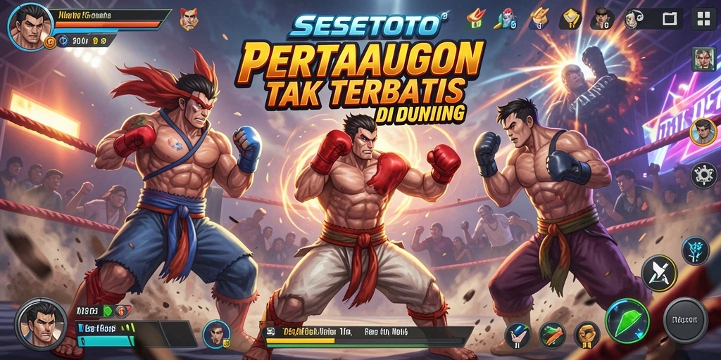 Tangkapan layar SESETOTO menampilkan karakter bertarung dengan intens di arena yang menegangkan.